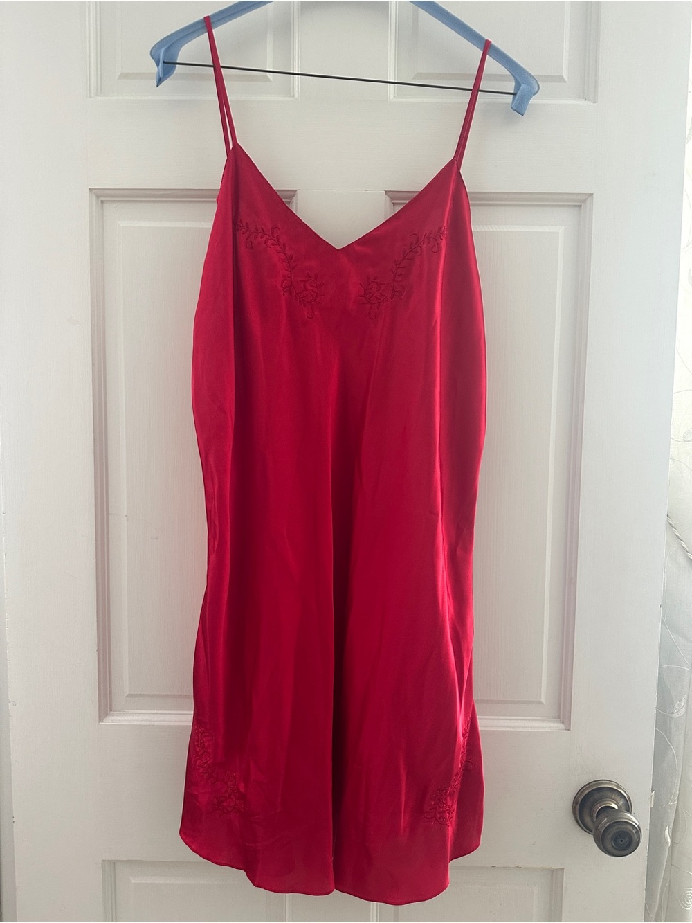 Vintage embroidered red satin slip nightgown, red, deep V-neckline, L